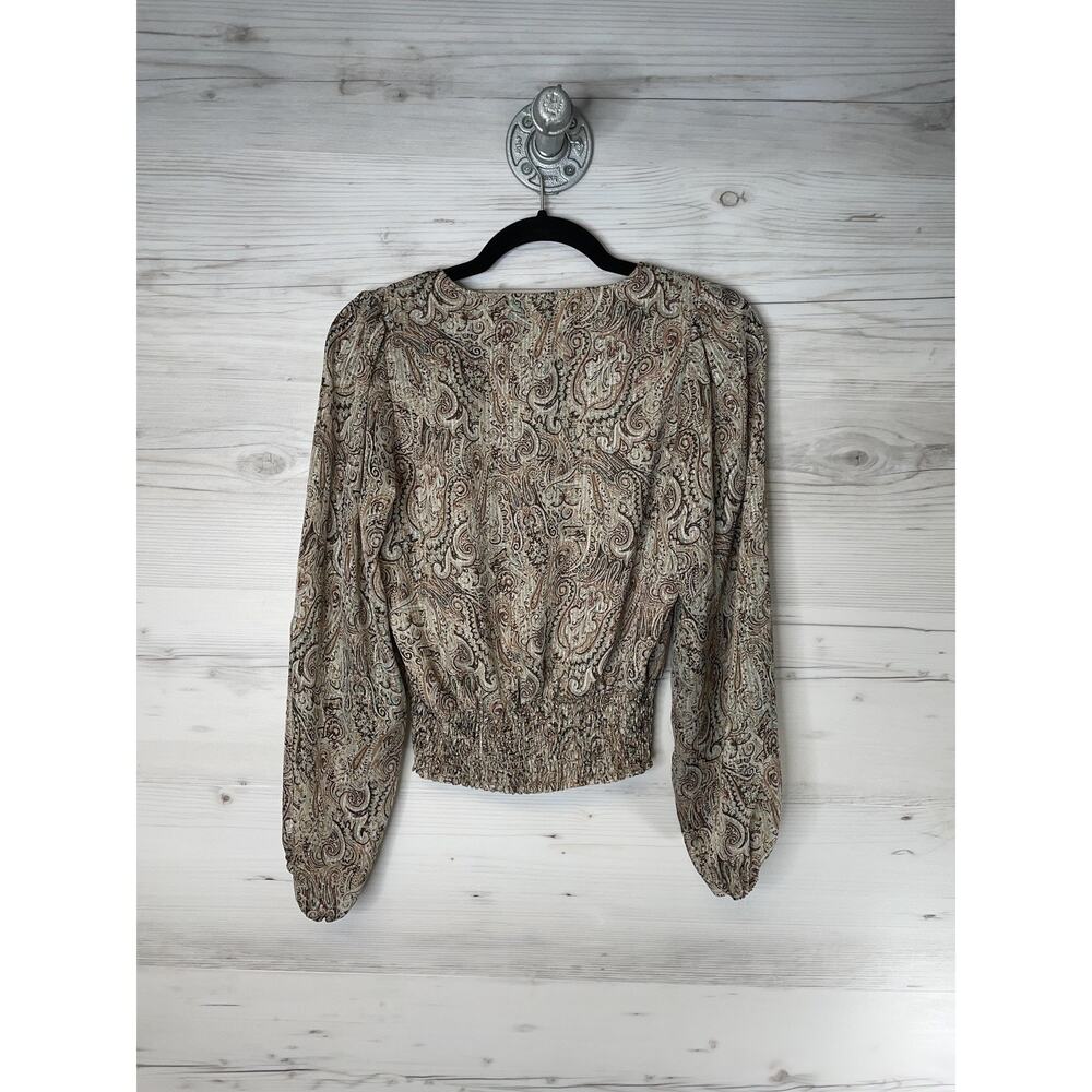 Joie Blouse Womens XS Brown Paisley Metallic Smocked Hem Long Sleeve V-Neck Tie - Picture 10 of 10
